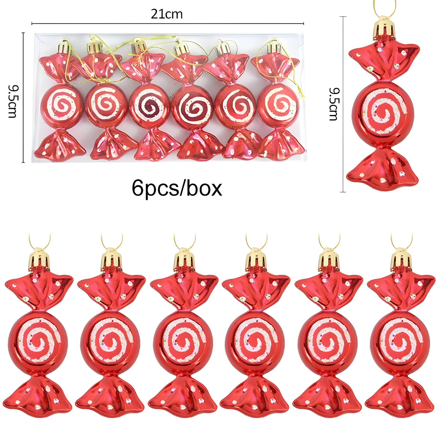 Starry Sky | Set of 6 Christmas Tree Ornaments - Festive Red Candy and Snowflake Decorations