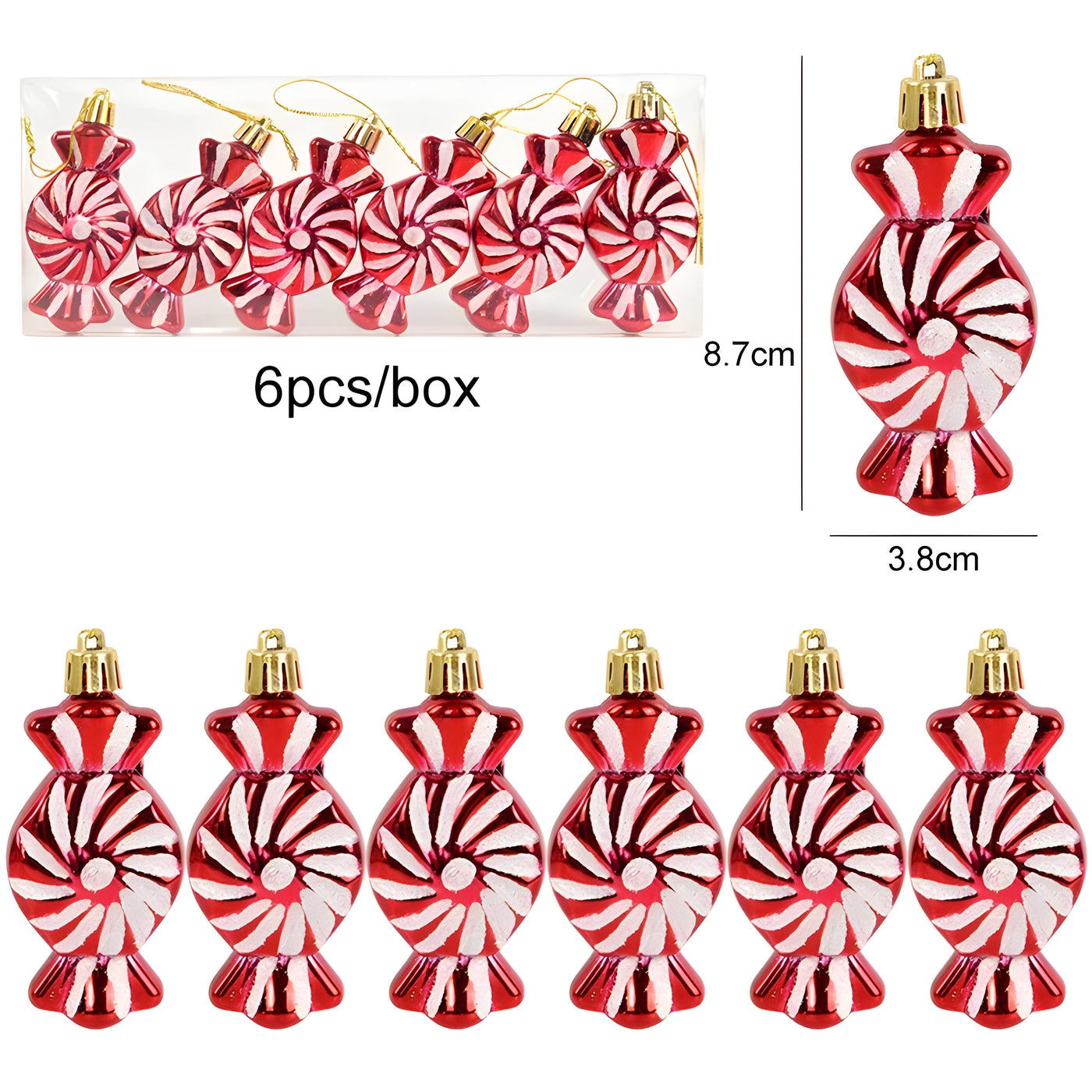 Starry Sky | Set of 6 Christmas Tree Ornaments - Festive Red Candy and Snowflake Decorations