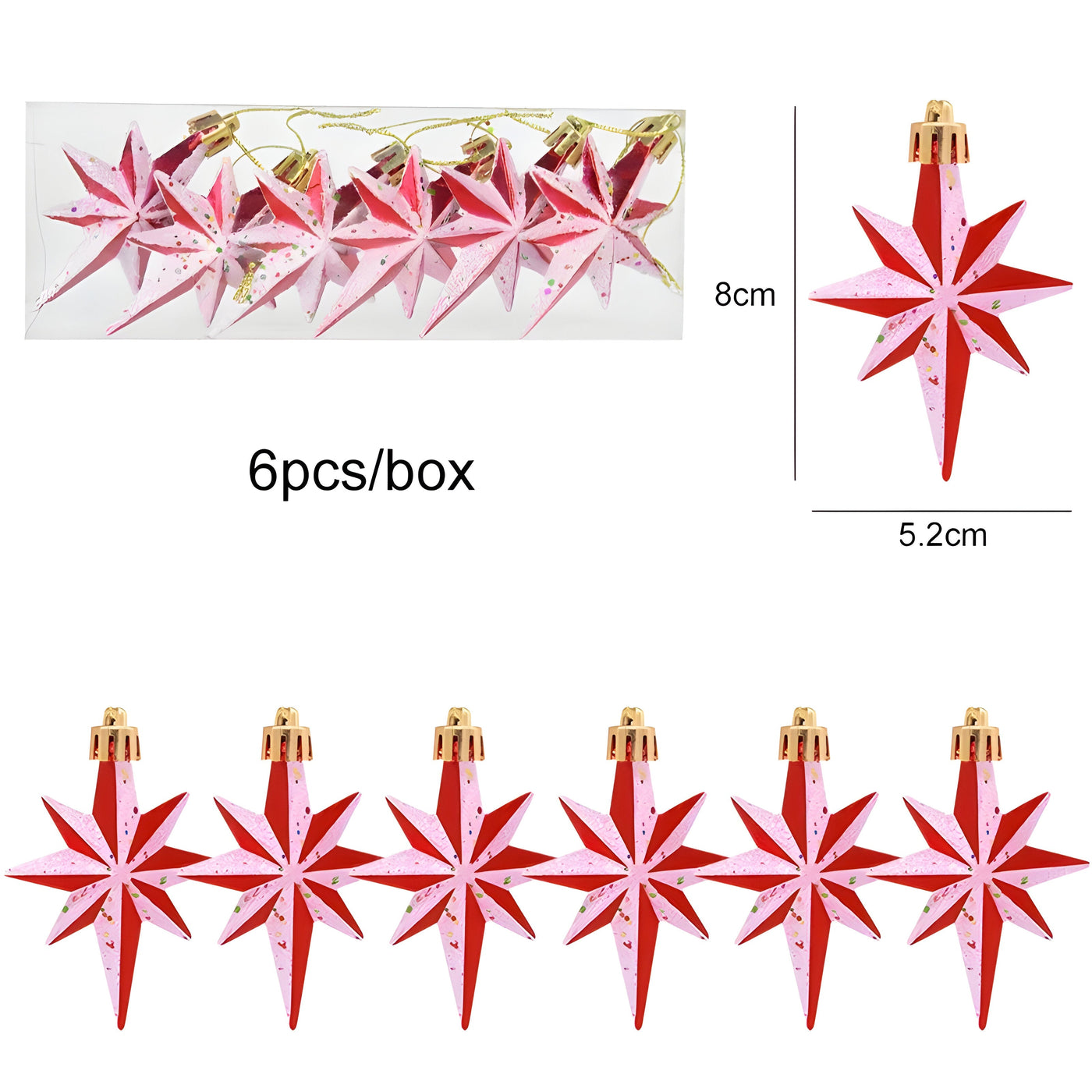 Starry Sky | Set of 6 Christmas Tree Ornaments - Festive Red Candy and Snowflake Decorations