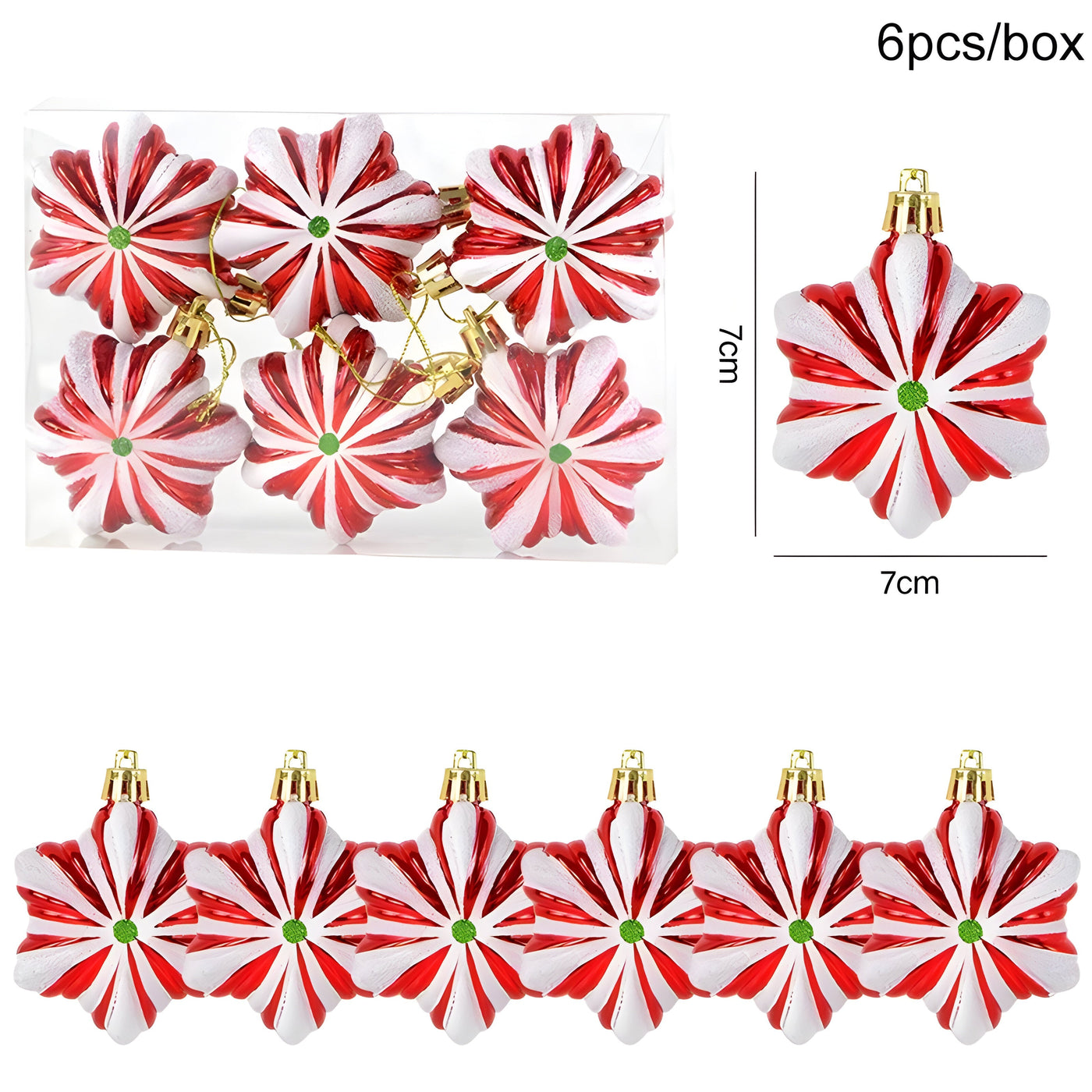 Starry Sky | Set of 6 Christmas Tree Ornaments - Festive Red Candy and Snowflake Decorations