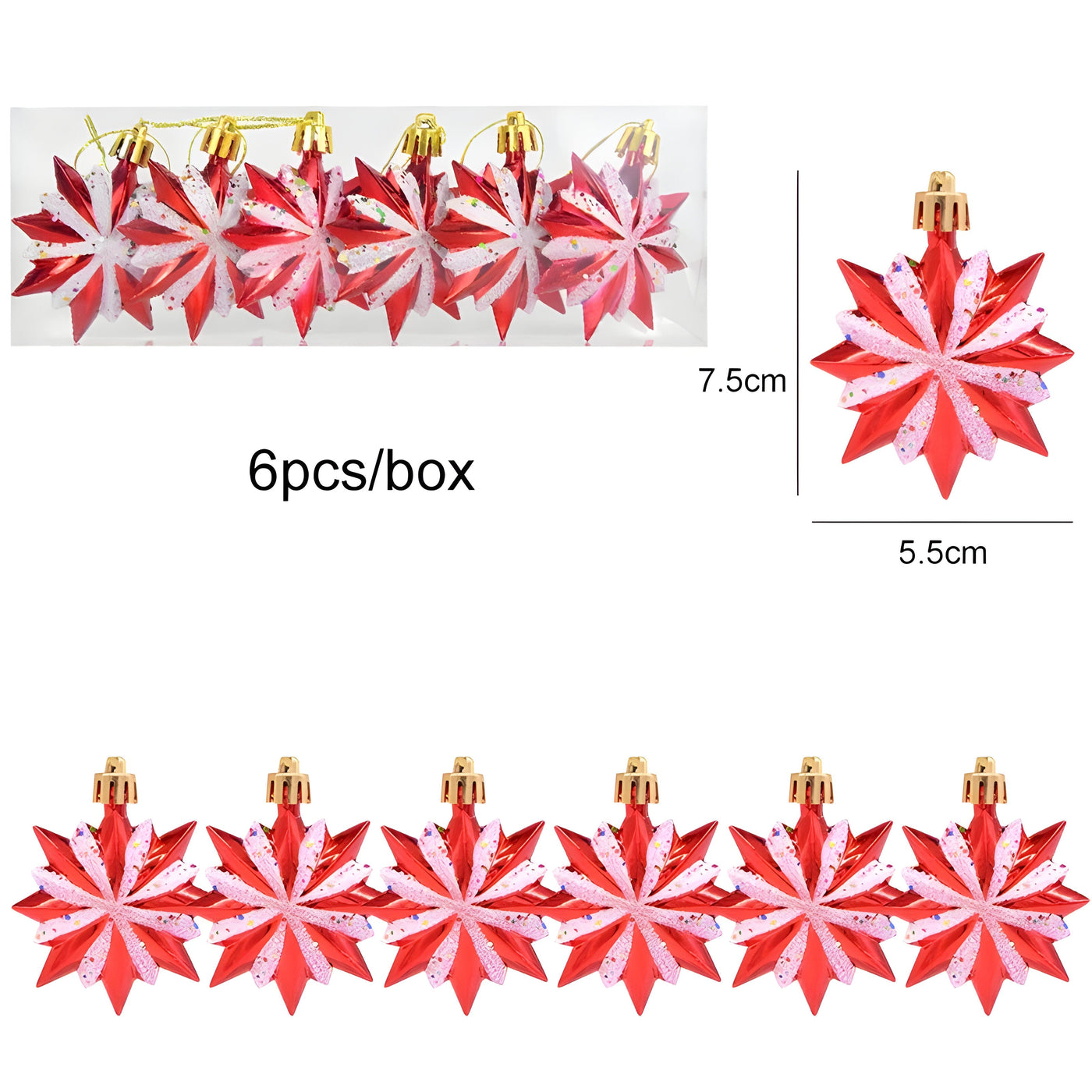 Starry Sky | Set of 6 Christmas Tree Ornaments - Festive Red Candy and Snowflake Decorations